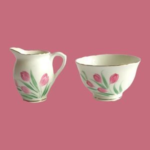 Vintage Sutherland Creamer & Sugar Bowls Bone China Pink Tulips w Gold T…